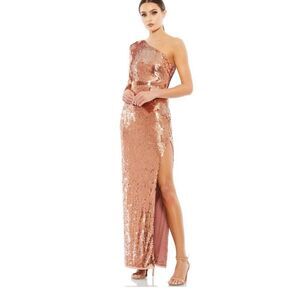 Mac Duggal Sequined One Sleeve Column Gown‎ High Slit Dress
